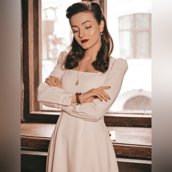 White Dress Square Neck Midi Dress Vintage Inspired Wedding Party Dress - Picture 2 of 14